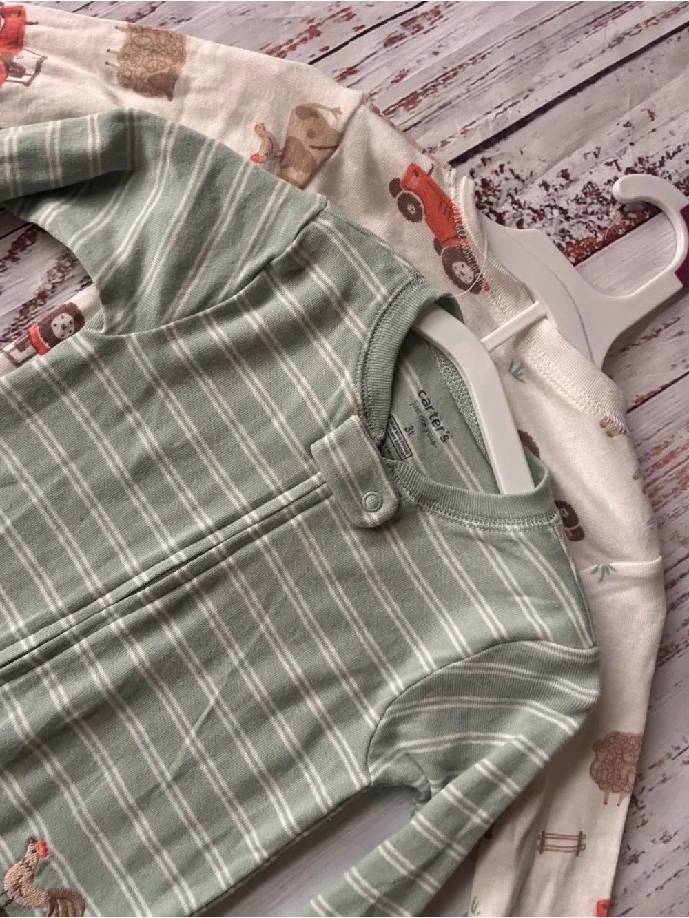 Carter's Green Stripe & Tractor Print Farm Footed One-Piece Sleeper Bundle 3T